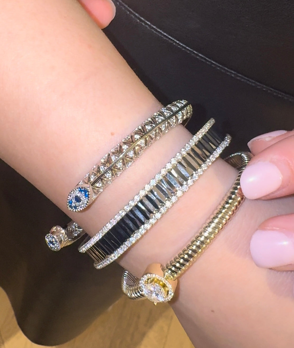 Triple Charm Gold Bangles – Sparkle Snake, Baguette & Solitaire
