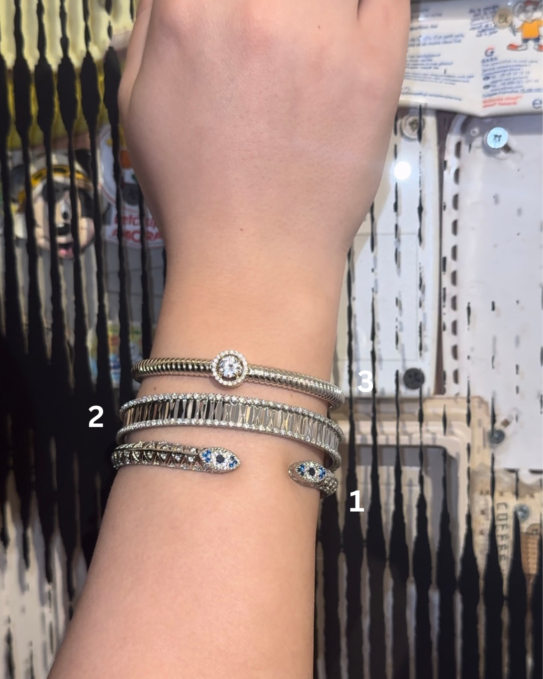 Triple Charm Gold Bangles – Sparkle Snake, Baguette & Solitaire