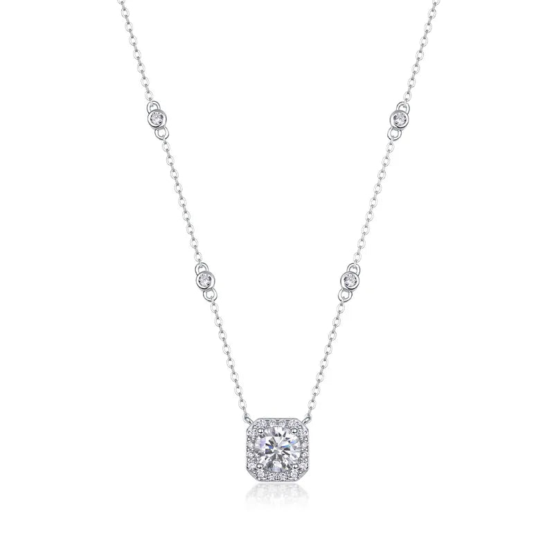 1.0ct Cushion Halo Moissanite Pendant – 925 Sterling Silver Chain Necklace