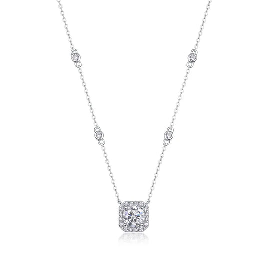 1.0ct Cushion Halo Moissanite Pendant – 925 Sterling Silver Chain Necklace