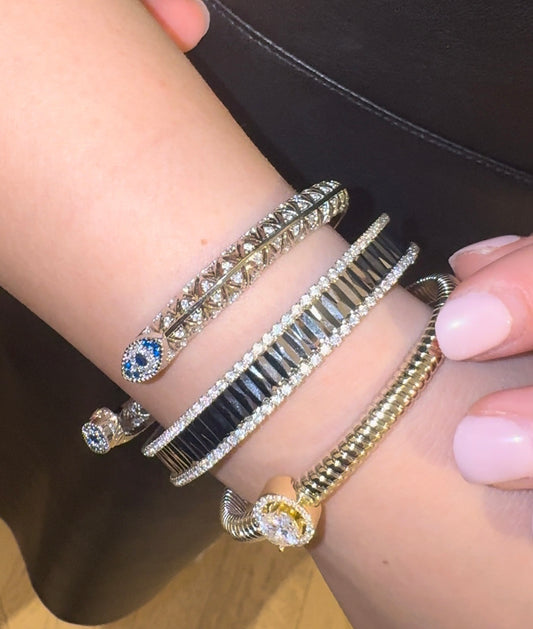 Triple Charm Gold Bangles – Sparkle Snake, Baguette & Solitaire